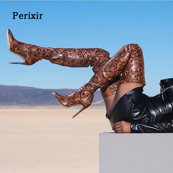 

perixir thigh high boots for ladies shoes snakeskin pointed toe super thin high heels long over the knee boots bottine femme, Black