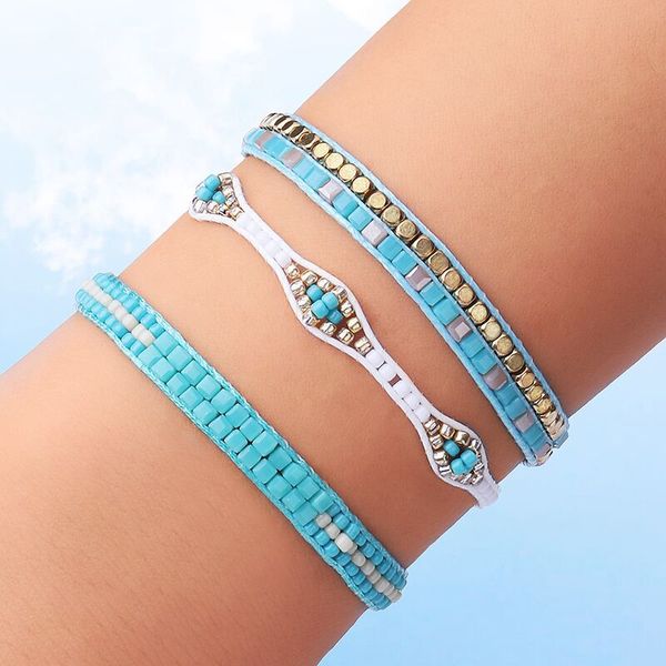

byspt 3pcs/set bohemian seed bead woven suit handchain chain weave statement bracelet sets summer girls cord string bracelet, Golden;silver