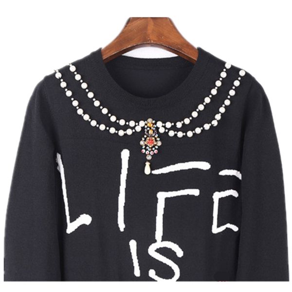 

women harajuku pullovers knit christmas autumn winter runway design letter pearl beading basic knitted black pullover