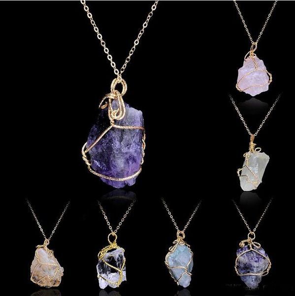 Handgemachte unregelmäßige Amethyst Citrin Draht gewickelt Anhänger Halskette Frauen Naturstein Kristall Quarz Fluorit Halsketten Schmuck GA152