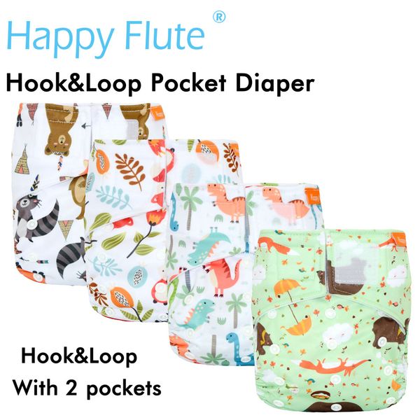 (10 pçs / lote) Feliz flauta hookloop o sistema de pano de pano de bolso, com dois bolsos, impermeável e respirável, para 5-15 kg bebê