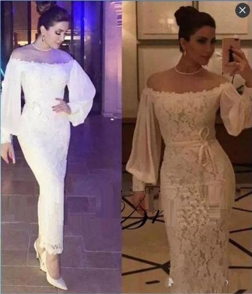 

Saudi Arabia Puffy Sleeves Lace Prom Dress 2017 Boat Neck Formal Party Gowns Full Lace Long Sleeves Sheath Celebrity Evening Dress