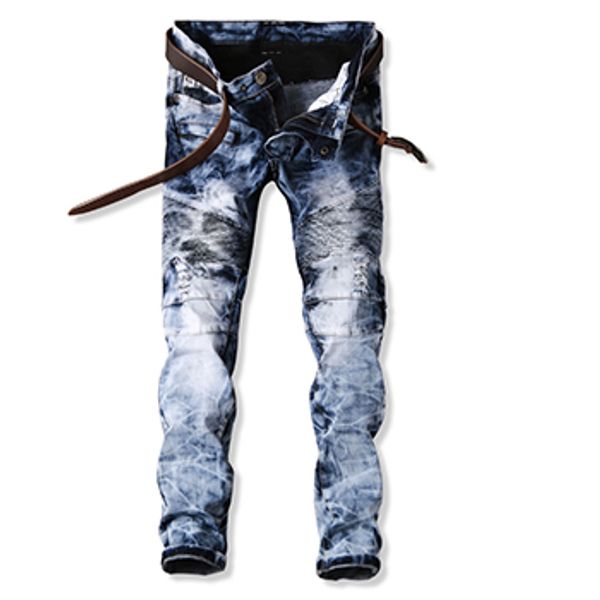 2018 New Hole Fake Zipper Patchwork Denim Pants For Men Biker Skinny Ripped Blue Jeans European Style Men Designer Jeans Pants