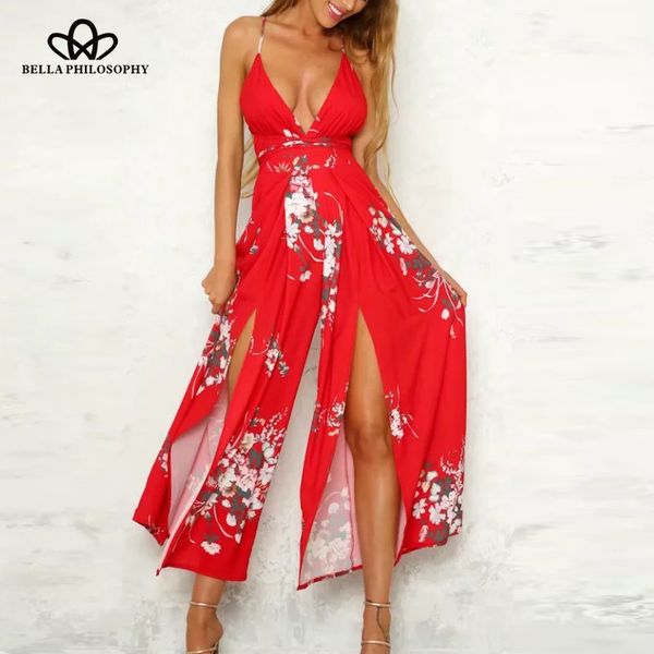 

bella philosophy 2018 summer ladies loose jumpsuits full length women print rompers fashion v neck women sling jumpsuits, Black;white