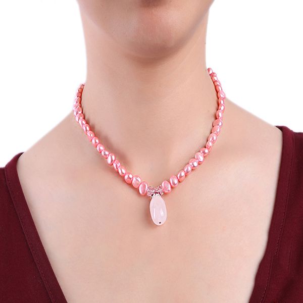 

jyx 6-7mm pink freshwater pearl with rose quartz pendant necklace, Silver