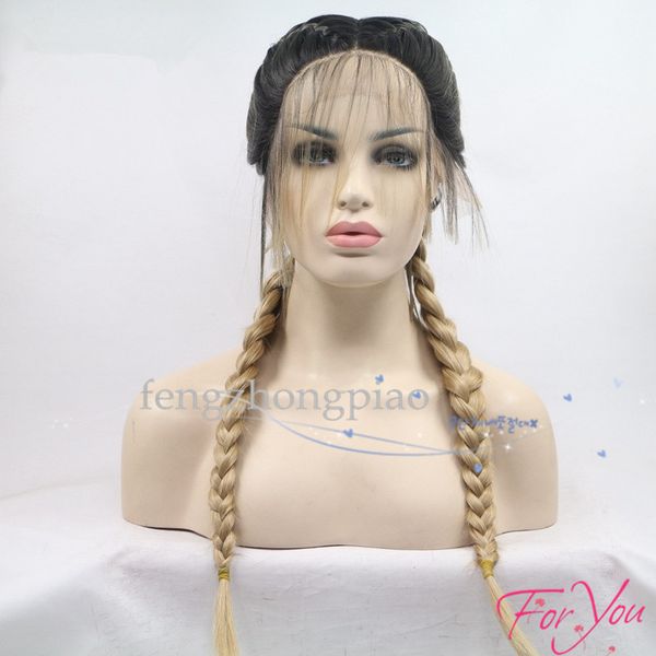 

stock handtied micro braided blonde with dark root lace front wigs for african american box braid wig braiding synthetic wig with baby hair, Black