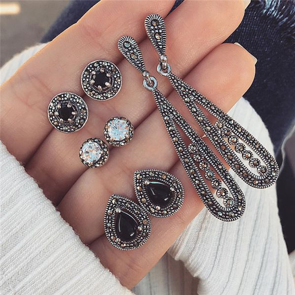 

new bohemian black gemstone earrings for women 4pairs/set vintage silver earring fashion zircon earring jewelry hz, Golden;silver