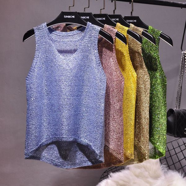 

2018 sleeveless hollow out neck knitted tanks women sequined shiny knitted camis shiny gold bling bling tanks, White