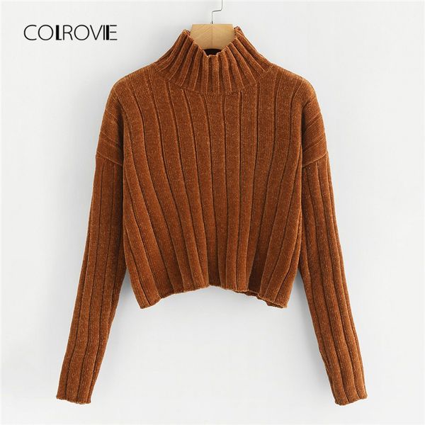 

colrovie coffee solid workwear high neck slim crop women sweater 2018 autumn pullovers jumper highstreet lady sweaters, White;black