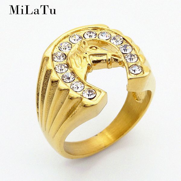 

milatu bling rhinestone horse head ring stainless steel horse lovers jockey club ring men women equestrianism jewelry r855g, Golden;silver