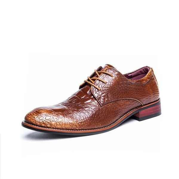 

men wedding party dress crocodile grain genuine leather shoes print lace up teenage oxfords shoe breathable zapatos point, Black