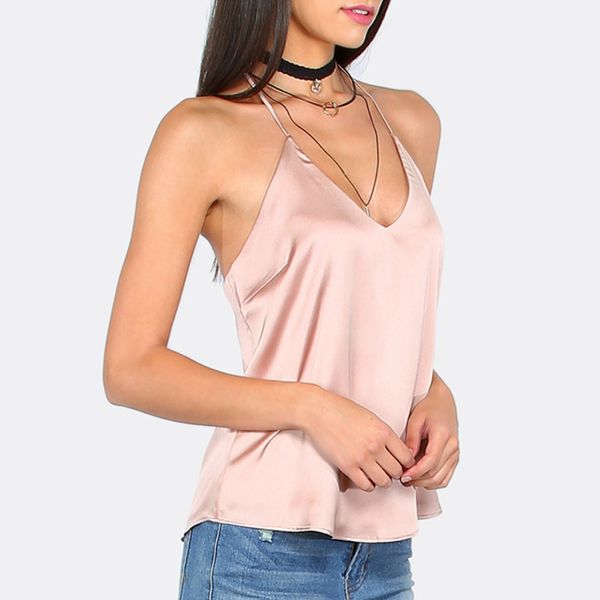 

women v neck backless imitated silk tank camis sleeveless 2018 summer lady new club wear famale costume blusa, White