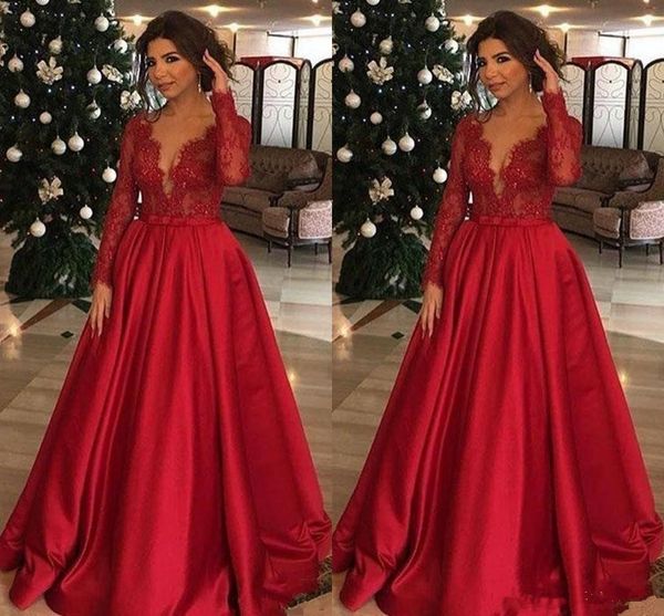 

Red Satin Applique Champagne Prom Dresses V-Neck Evening Party Dress Floor Length Long Sleeve Custom Made, Black;red
