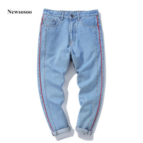 

newsosoo famous men 2018 spring new straight jeans brand mens solid color hip-hop casual ankle-length denim pants, Blue