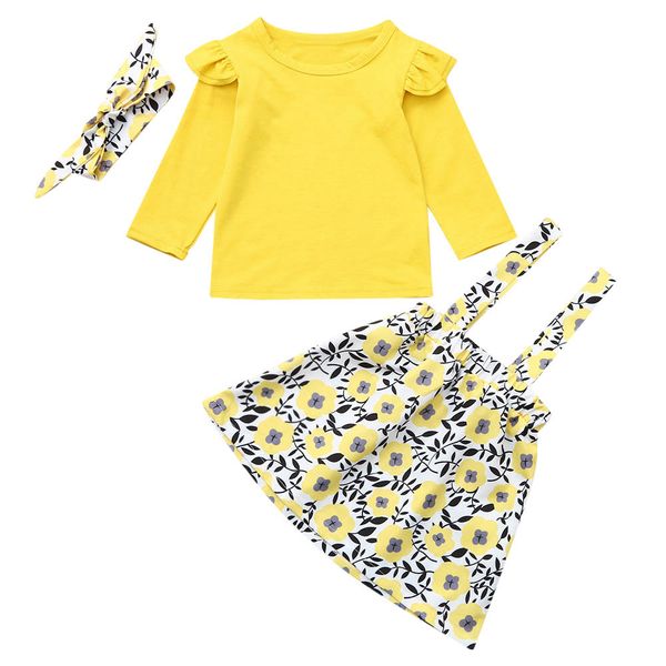 

2019 infant toddler newborn baby girls clothes solid +overalls floral skirt+headbands newborn baby clothing set outfits, White