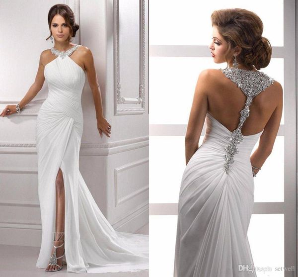 

2018 summer mermaid white chiffon wedding dresses split backless mermaid wedding gowns long crystal beaded bridal dress