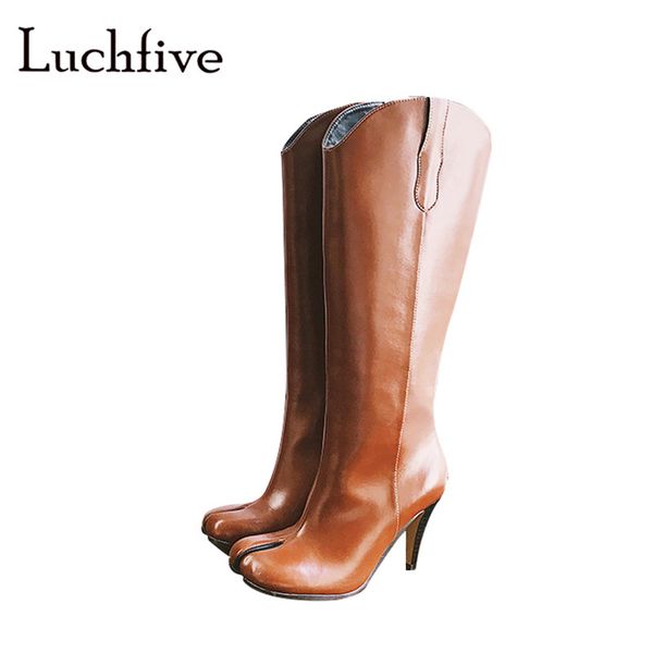 

split toe winter boots for women genuine leather thin high heels zipper long boots fashion black brown shoes women