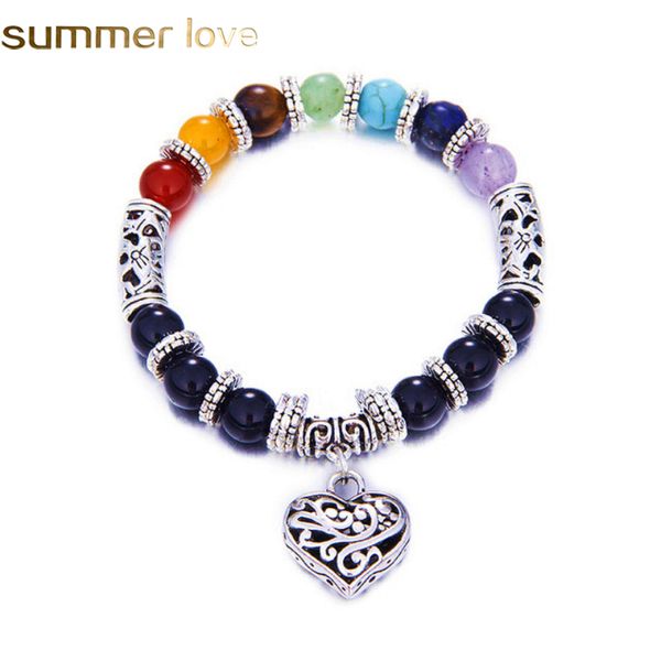 

7 chakra bracelet healing heart charm bracelets for women men natural stone beaded bracelet reiki yoga jewelry, Black
