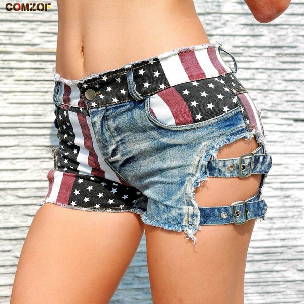 

summer women denim shorts patchwork flag bandage nightclub pole dance shorts womens high waist jeans short feminino, White;black