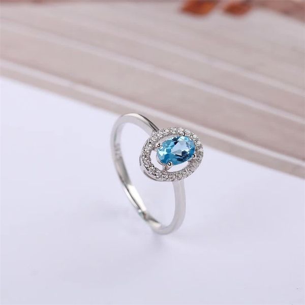 

gemstone fine jewelry factory wholesale 6x8mm oval shape 925 sterling silver natural blue crystal ring for women, Golden;silver