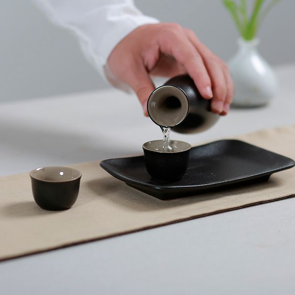 

japanese-style black ceramic pottery wine ware set home drinkware liqueur pot teacup hip flask mini tray sake cup whiskey kettle