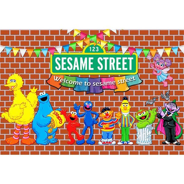 Fondo di tema di Sesame Street Birthday Background Fotografia di bambini del bambino Bambini Elmo mondo Red Brick Wall Photo Booth sfondo