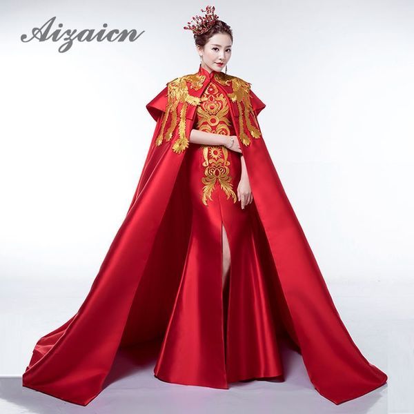 

luxury red tailing evening dress elegant fashion show embroidery gold phoenix cheongsam dresses traditional chinese wedding gown