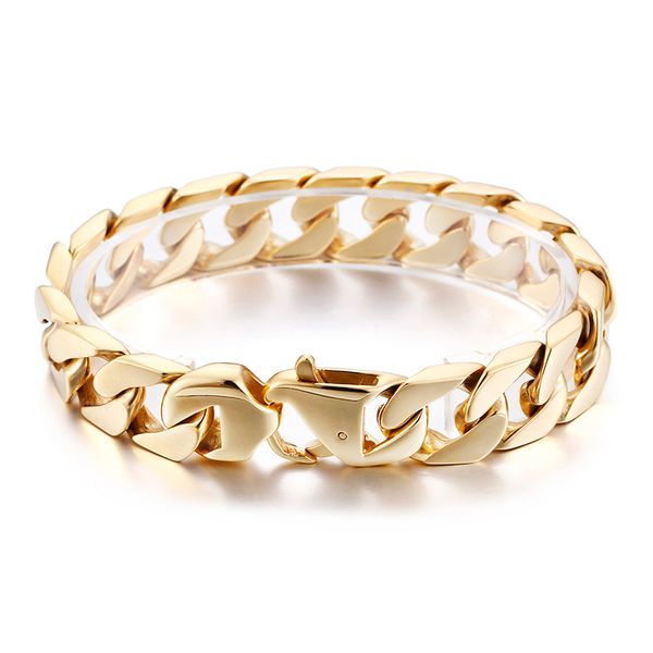 

22cm (8.66 inch) 15mm gold fashion stainless steel biker cuban curb link chain bracelet women mens trendy gifts, Black