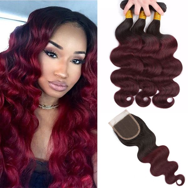 

8a ombre brazilian body wave human hair bundles with closure t1b99j red two tone virgin hair weaves extensions double weft 4pcs with closure, Black;brown