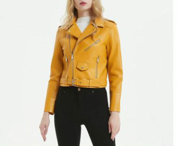 

2018 autumn and winter fashion women's artificial leather jacket casual slim soft short with belt ladies jacket, Black