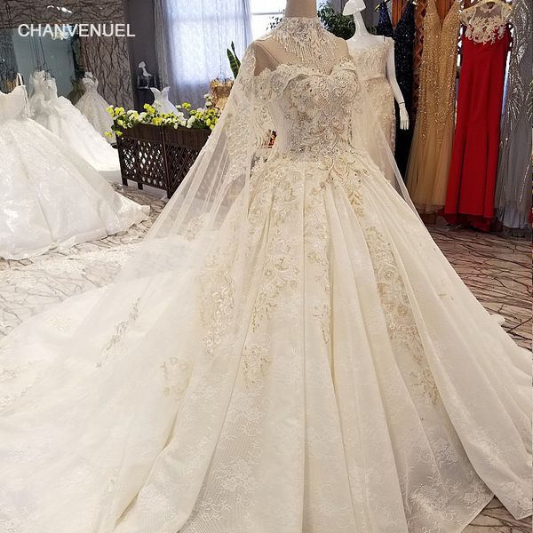 

2019 latest designed luxury wedding dresses tassel high collar strapless sweetheart neck pattern applique long capes garden bridal gowns, White