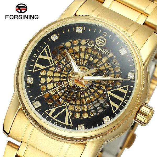 

forsining men's hollow out golden mechanical watches male full steel skeleton self wind automatic wrist watch relogio masculino, Slivery;brown