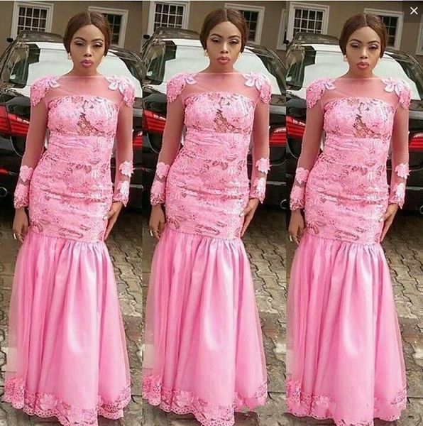 

aso ebi long sleeves evening dresses bateau applique lace mermaid prom dresses floor length sheer neckline african women party gowns, Black;red