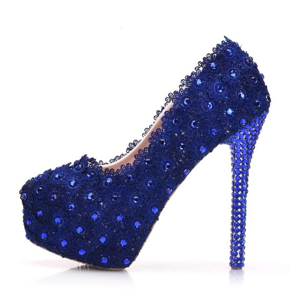 

new summer handmade round toe shoes for women blue lace flowers high heel wedding shoes thick heels crystal plus size shoes, Black