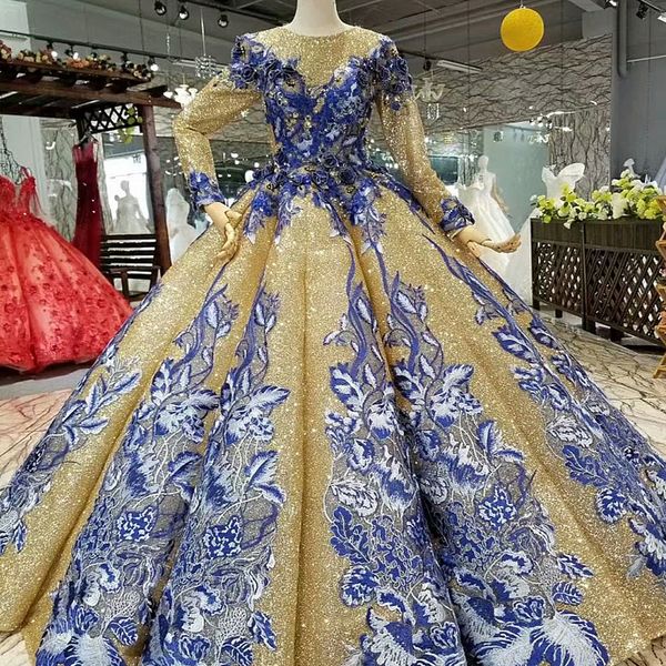 

2019 shiny muslim women evening dresses long sleeves o neck blue flowers golden ball gown evening dresses fast shipping girl pageant dress, Black;red