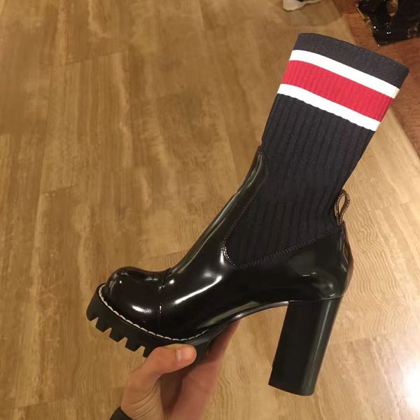 

2018 упругие ботильоны для женщин 9.5 см высокие каблуки Марка дизайн трикотажные на