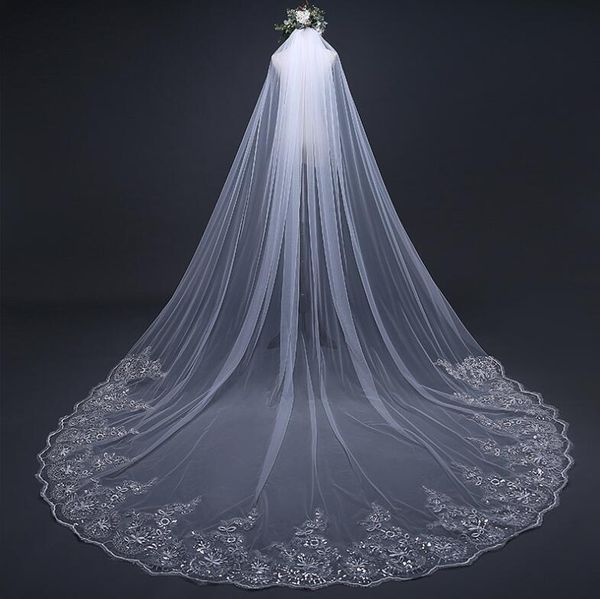 

3 meter white ivory cathedral wedding veils long lace edge bridal veil with comb wedding accessories bride veu 3 meters wide, Black