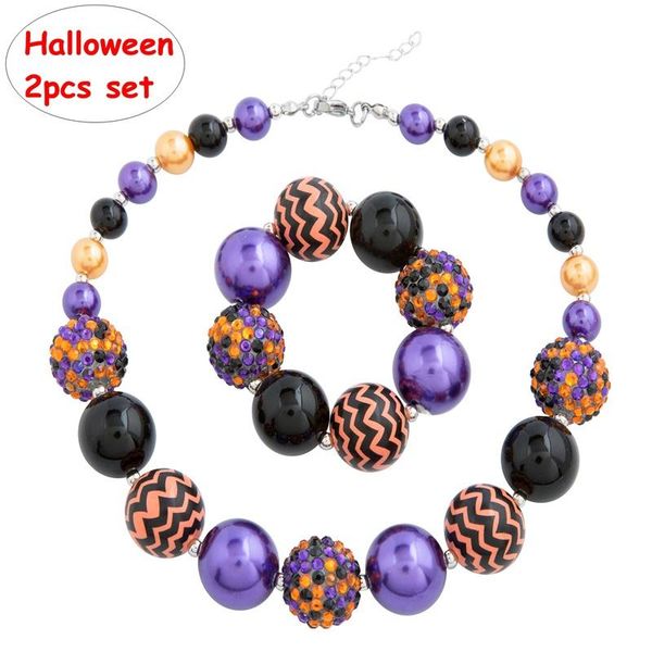 

halloween diy chevron 2pcs set girl necklace + bracelet set ins kids chunky bubblegum bead children jewelry accessories, Red;brown