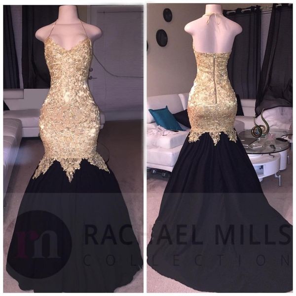 

glamorous golden black prom dresses halter neck lace applique backless satin cocktail dresses stylish dubai mermaid 2018 prom dresses