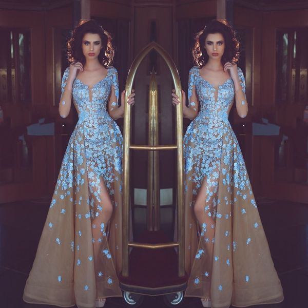 

champange tulle mermaid prom dress with overskirt sky-blue lace appliques scoop neck long sleeves evening gown side split prom dress, Black