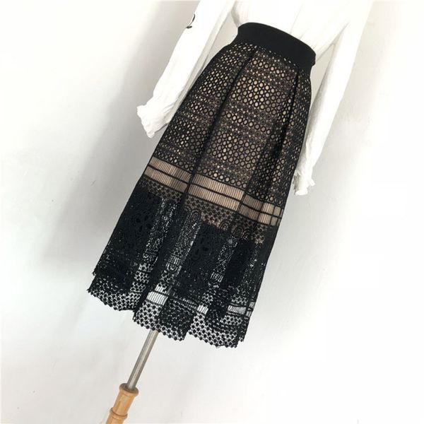 

ewq] 2018 new autumn winter high waist hollow lace loose casual pleated temperament mid-calf skirt fashion tide women ob563, Black