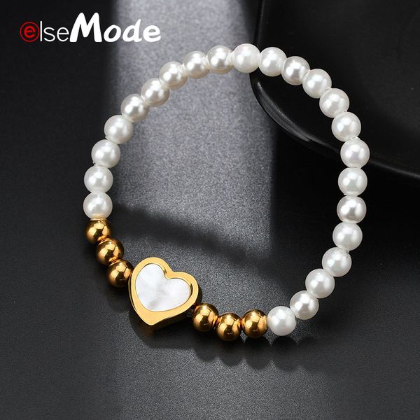 

elsemode fashion luxurious love heart shell beads bracelets for women gold stainless steel charming jewelry accessories, Black