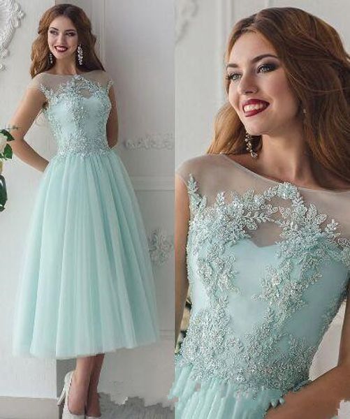 

2019 new mint tulle vintage scoop neck a-line lace applique prom dresses cap sleeves tea length lace-up party evening dresses custom made, Black