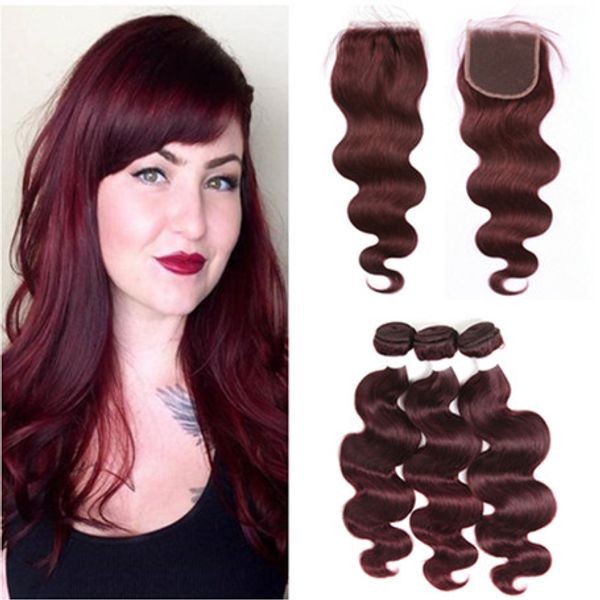 

body wave brazilian wine red virgin human hair extensions with closure 3bundles #99j burgundy wavy hair weaves with 4x4 front lace closure, Black;brown