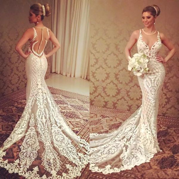 

2018 mermaid wedding dresses lace applique sheer beading bridal gowns button covered court train wedding gown, White