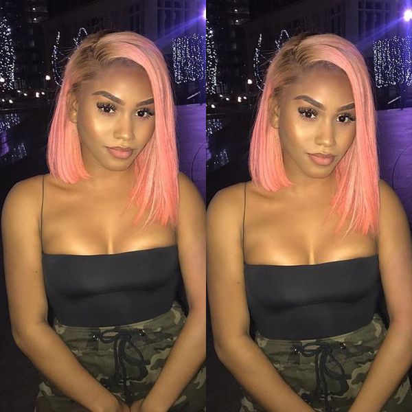T4 Pink Ombre Short Full Lace Bob Human Hair Wigs For Black Women