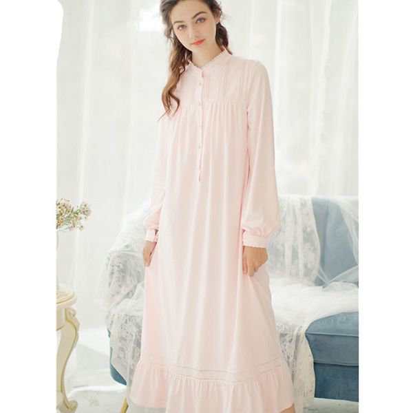 

Vintage Nightgowns Sleepshirts Autumn Women Sleepwear Pink Turtleneck Button Front Long Sleeve Night Wear Soft Cotton Dress, Blue