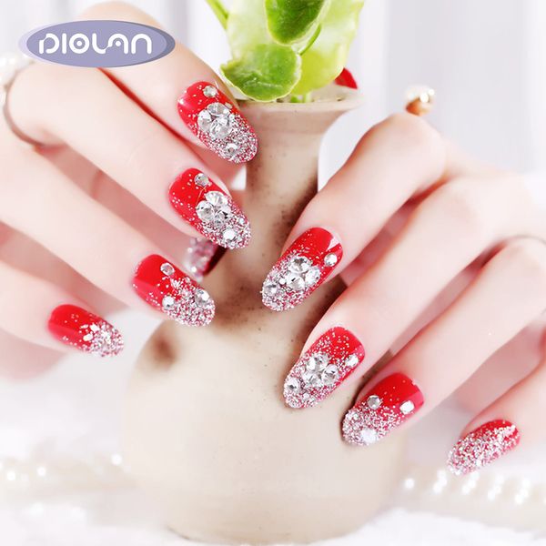 

24pcs new charming women french style diy manicure art tips false nails with glue beauty nail tips nail art stickers with glue, Red;gold