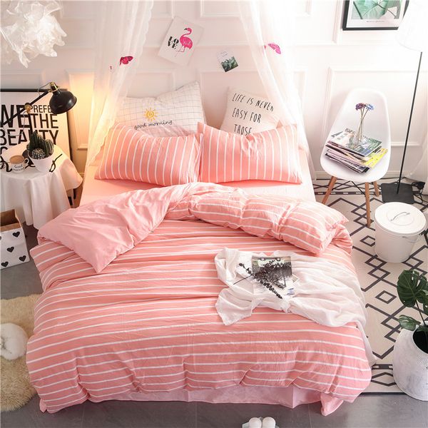 

pink stripe washable cotton bedding sets fashion soft bed linen christmas duvet cover pillowcase bed sheet roupa de cama