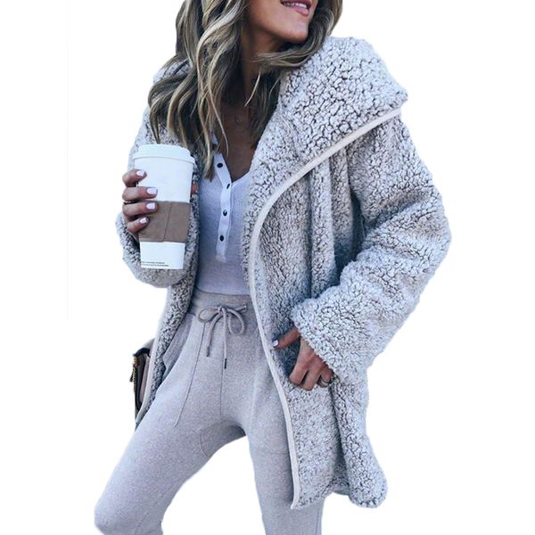 

women fleece faux fur jacket coat hooded autumn winter fashion slim fur teddy coats women casual outerwear female overcoat, Black